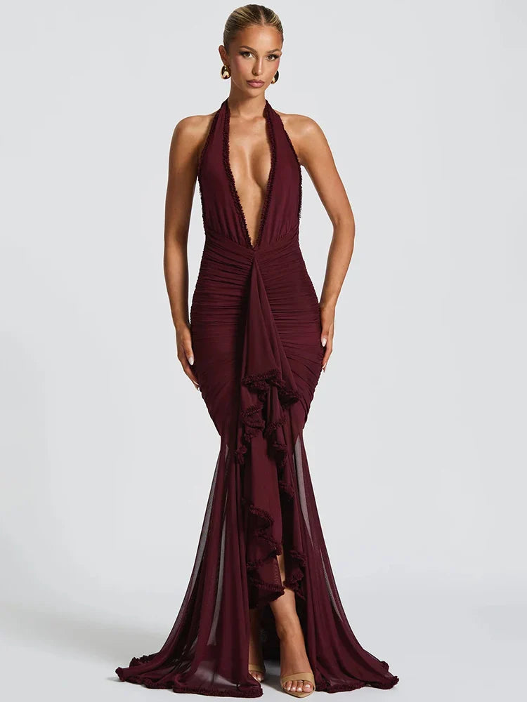 Elegant Halter Deep V Neck Maxi Dress Women