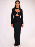 Elegant Hollow Out Long Sleeve Maxi Dress For Women - Black / S