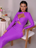 Elegant Hollow Out Long Sleeve Maxi Dress For Women - Purple / S