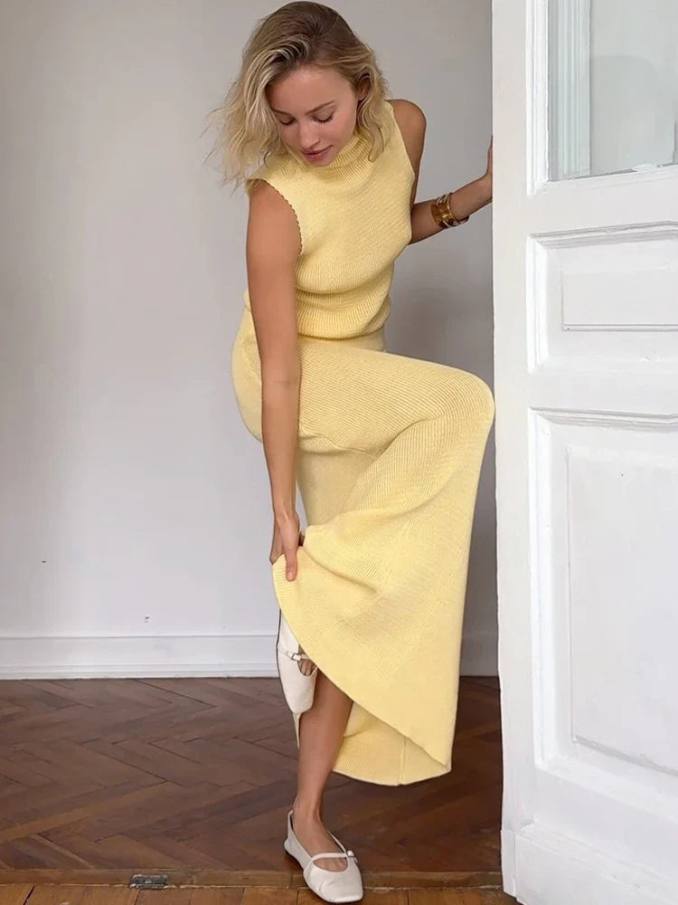 Elegant Knitted Top Skirts Sets Women - Yellow / S / CN