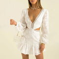 Elegant Lace Hollow Out Mini Dress - WHITE / L