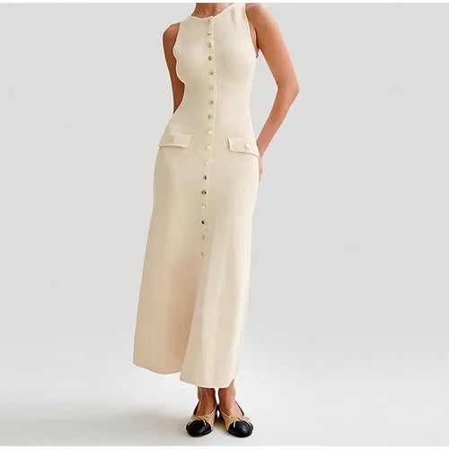 Elegant Lady Knitted Single Breasted Long Dresses Women - L / Apricot - Other