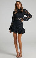 Elegant Long Sleeve Lace Mini Dress Women - black / L