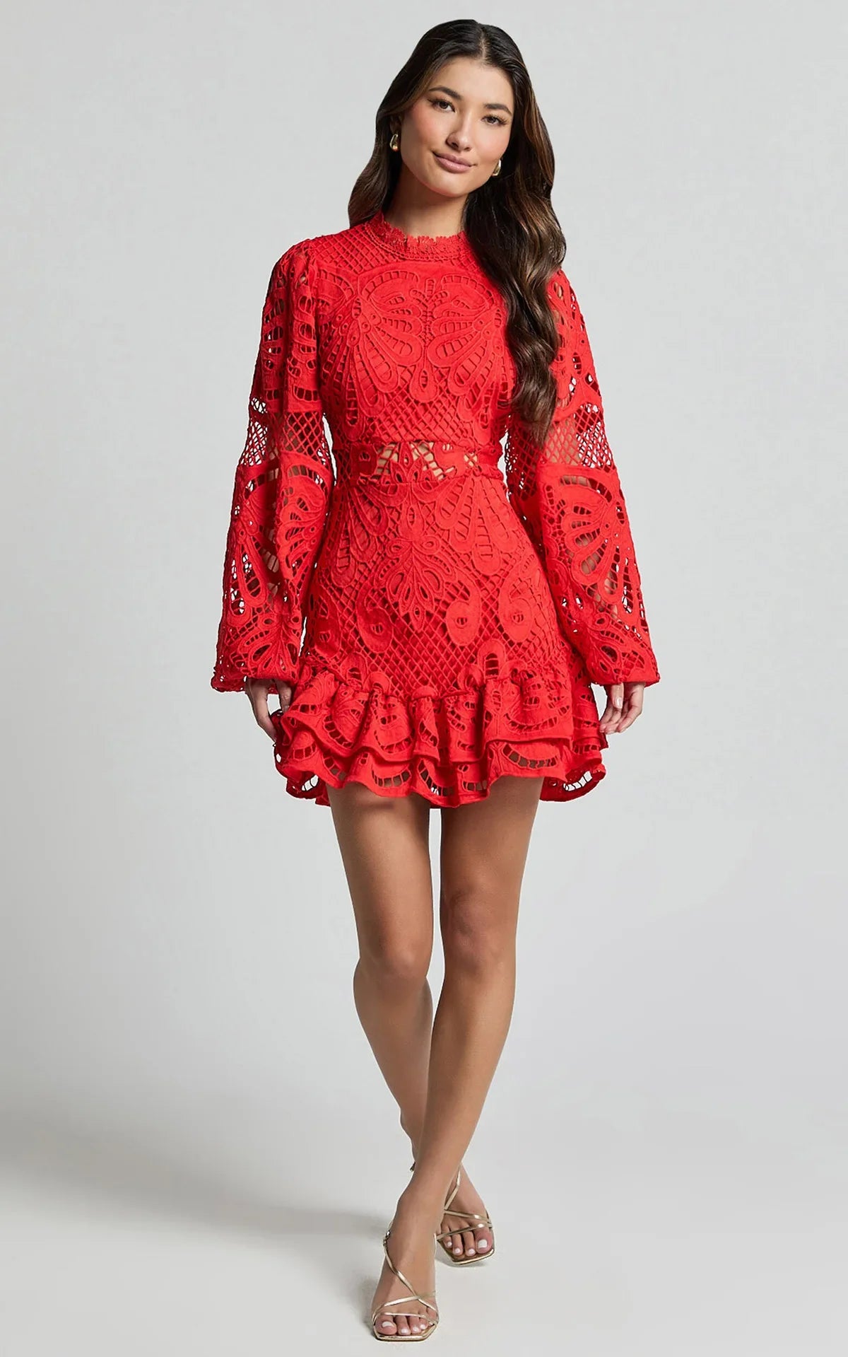 Elegant Long Sleeve Lace Mini Dress Women - Red / L