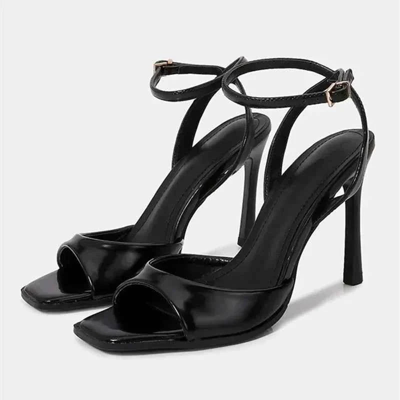 Elegant Patent Leather Ankle Strap Buckle Heeled Sandals