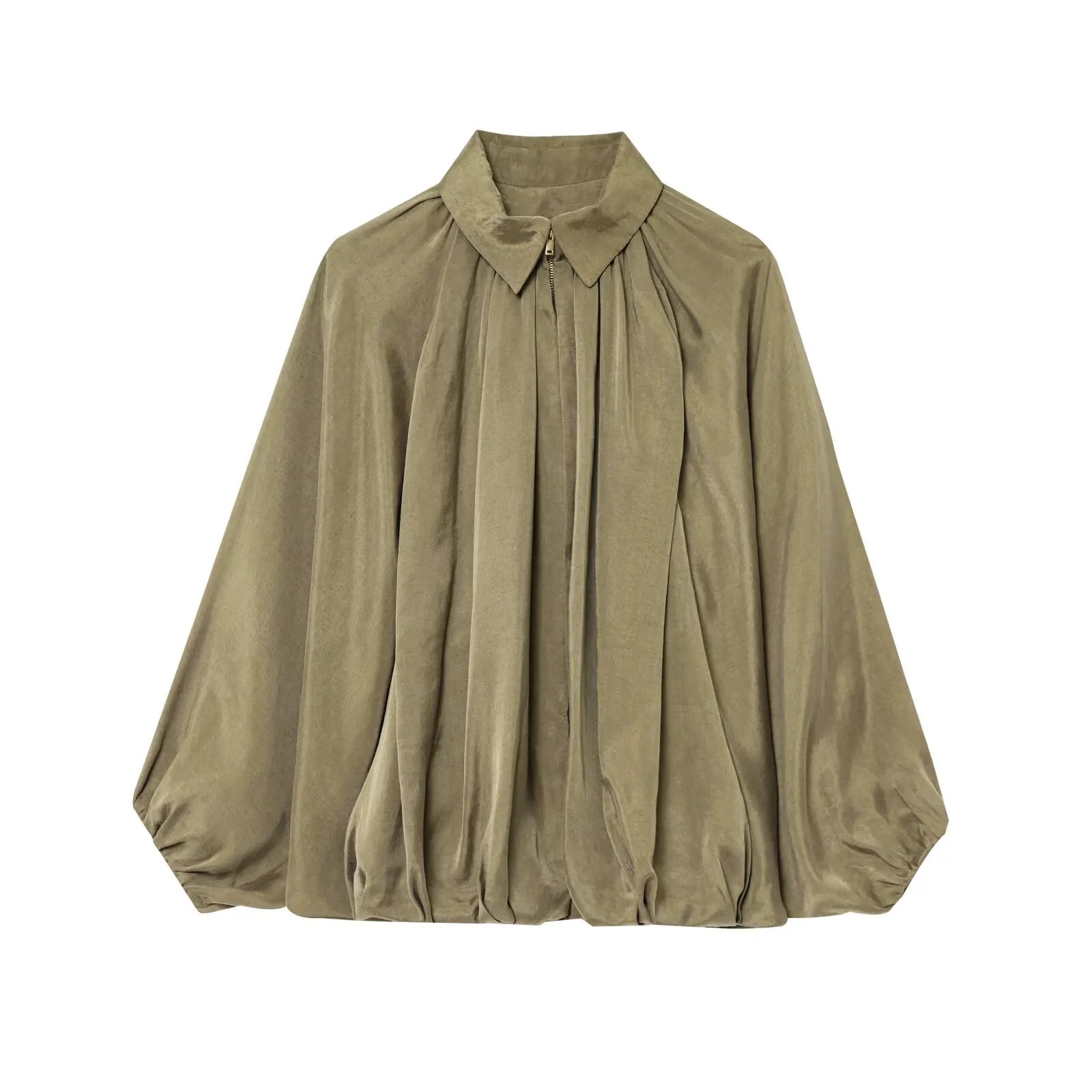 Elegant Pleated Green Oversize Bomber Jacket - green / M