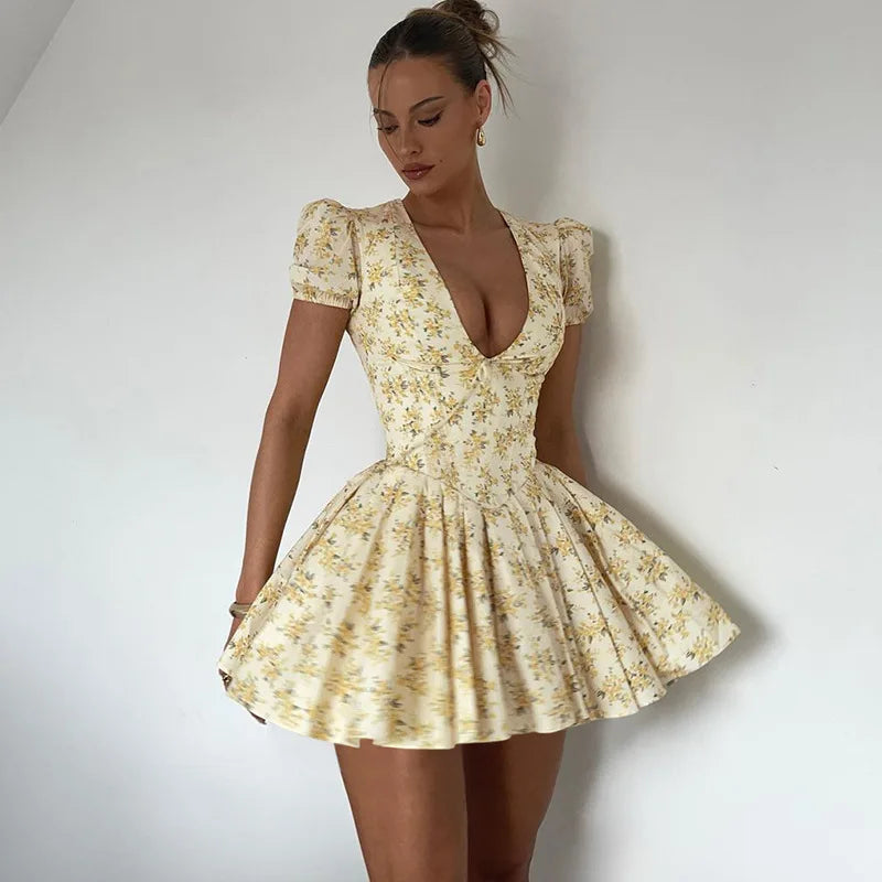 Elegant Puff Sleeve Corset Floral V Neck Mini Dress
