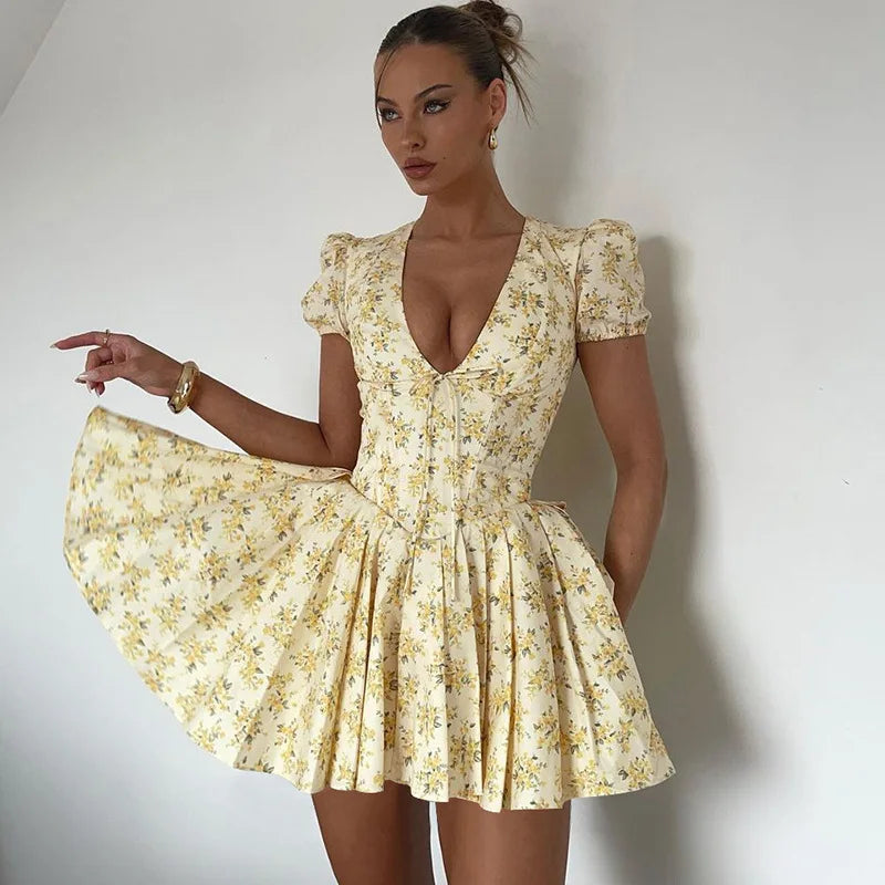 Elegant Puff Sleeve Corset Floral V Neck Mini Dress