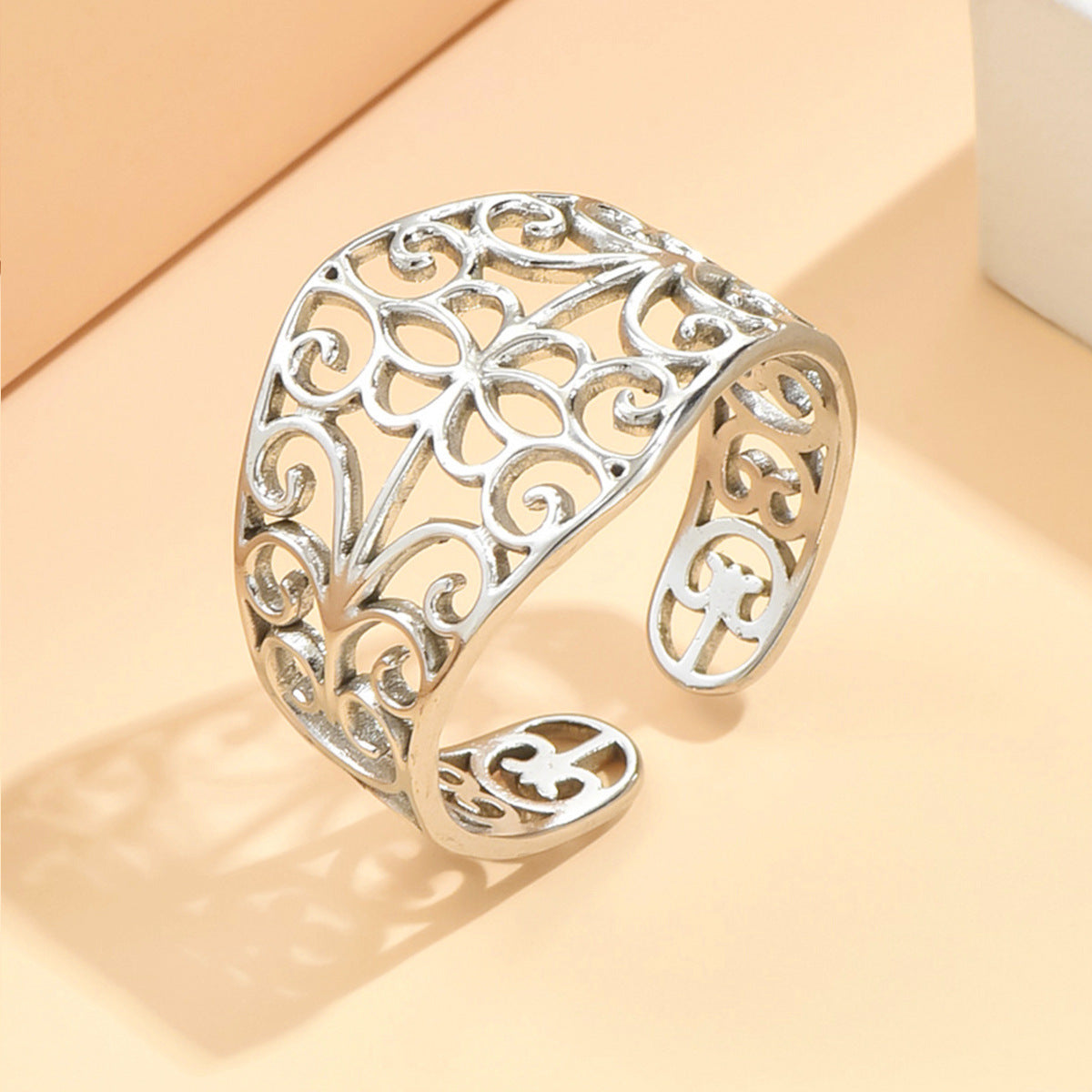 Elegant Retro Style Hollow Pattern Open Stainless Steel Ring For Women - J03162 Color - electronic accessories