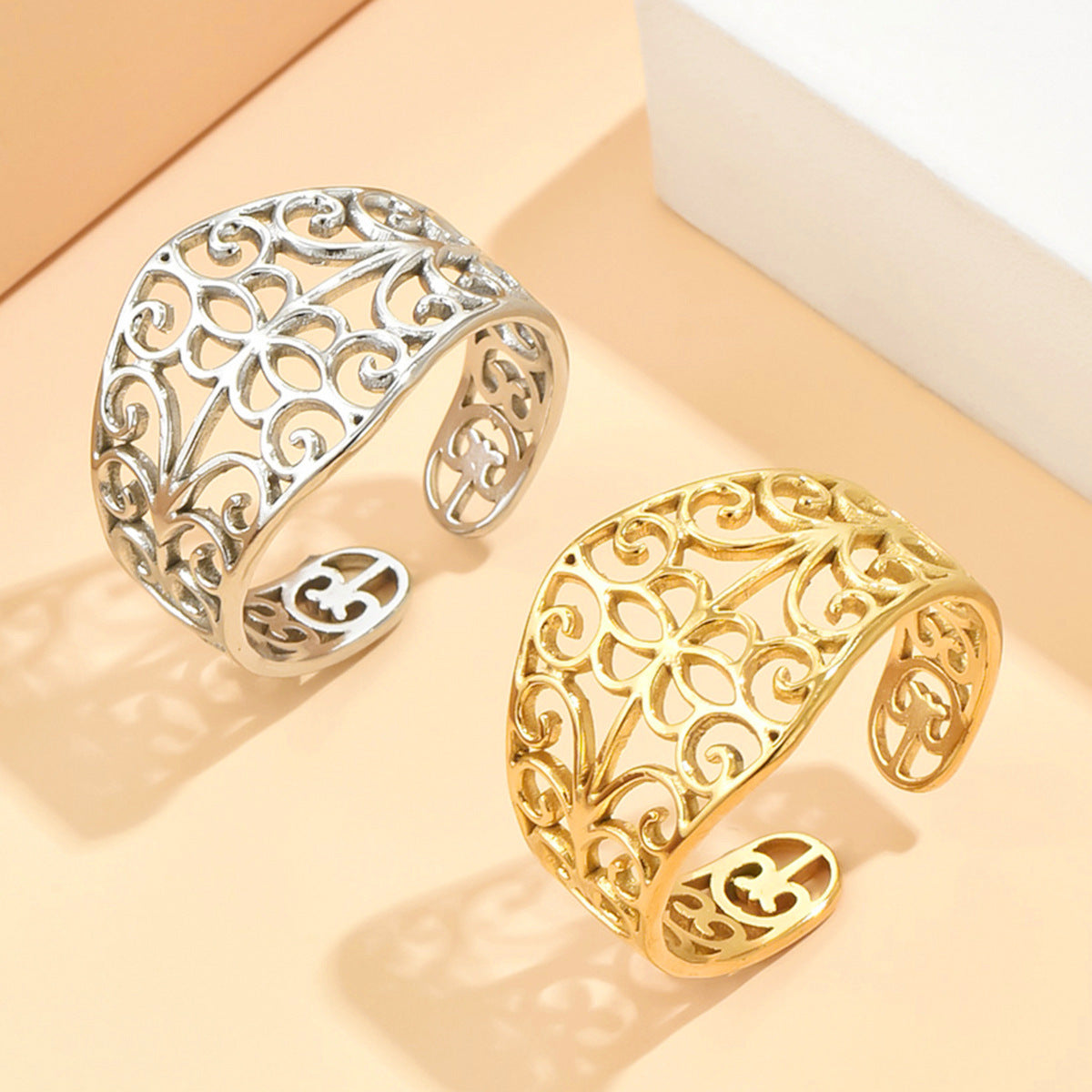 Elegant Retro Style Hollow Pattern Open Stainless Steel Ring For Women - electronic accessories