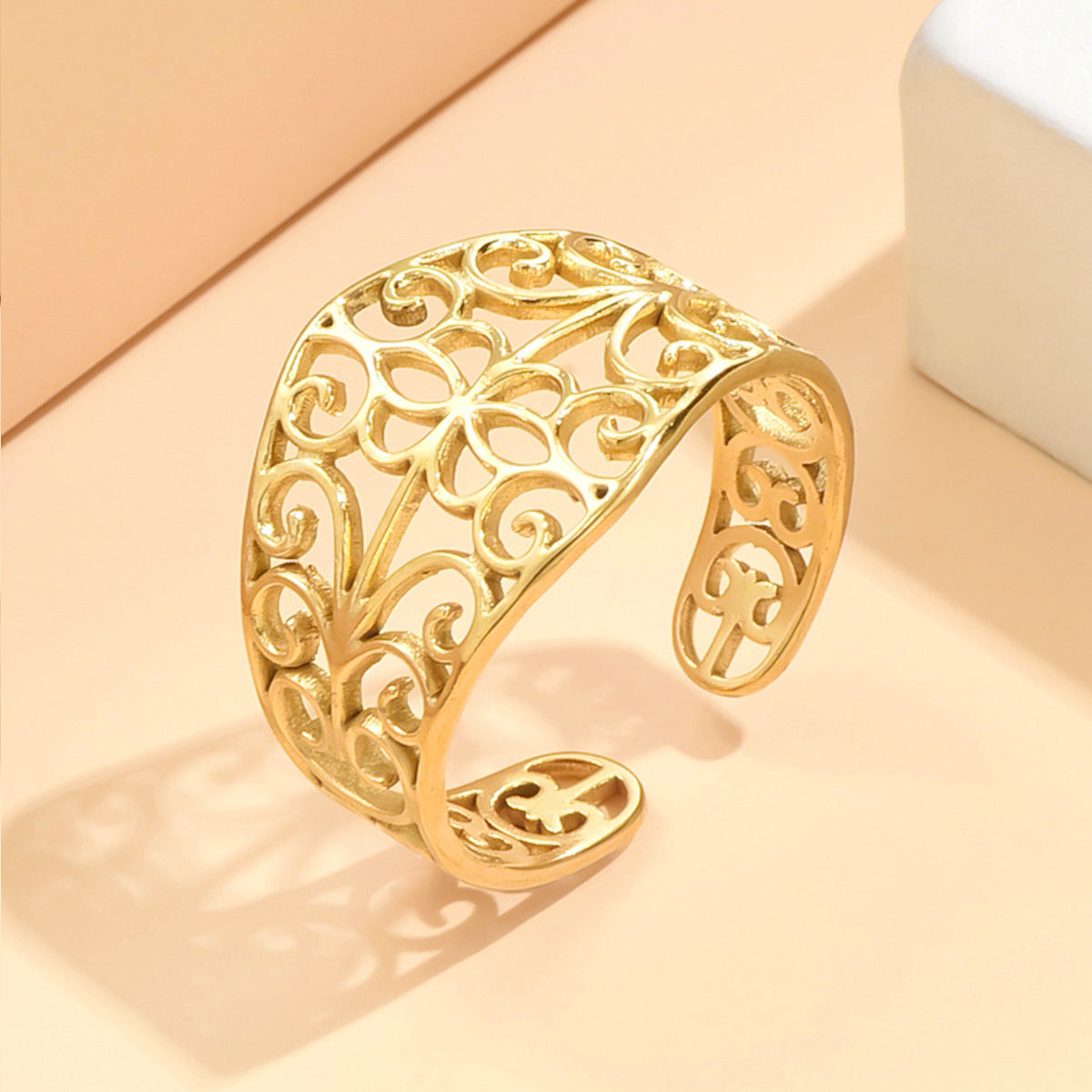 Elegant Retro Style Hollow Pattern Open Stainless Steel Ring For Women - J03162 Gold - electronic accessories