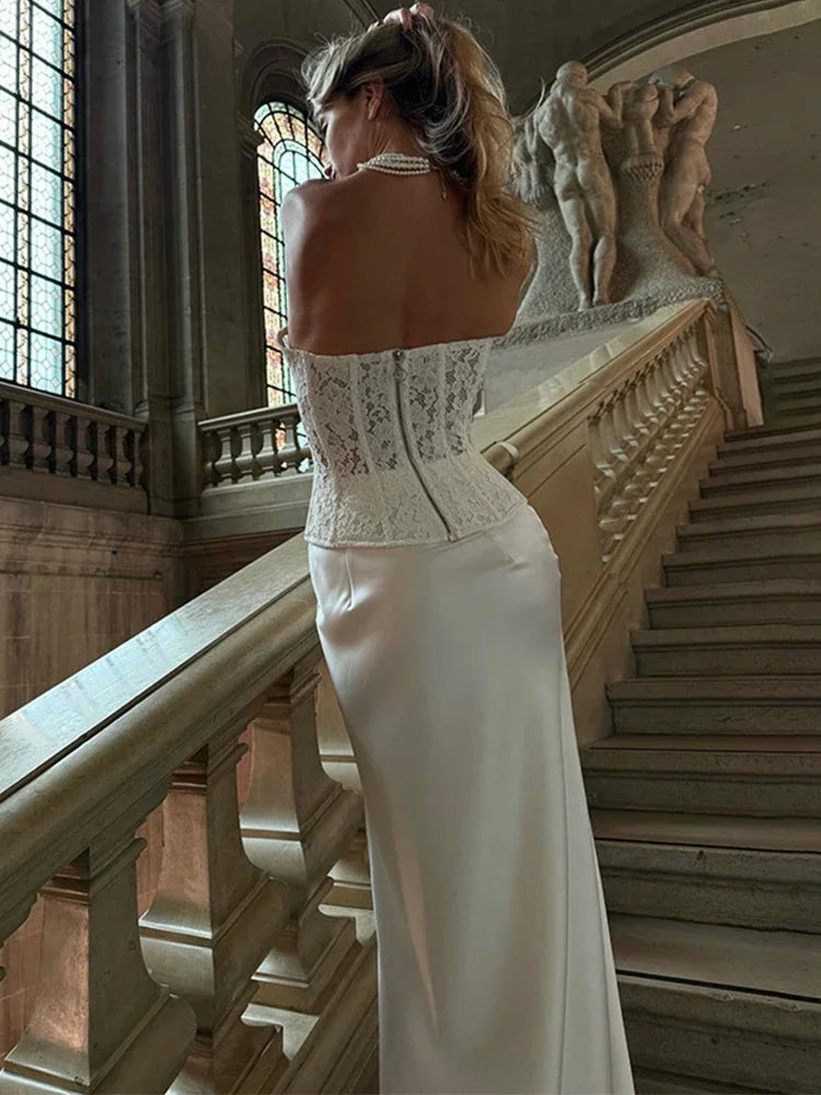 Elegant Satin Skirts And Vest Suits Women French Vintage Lace - Other