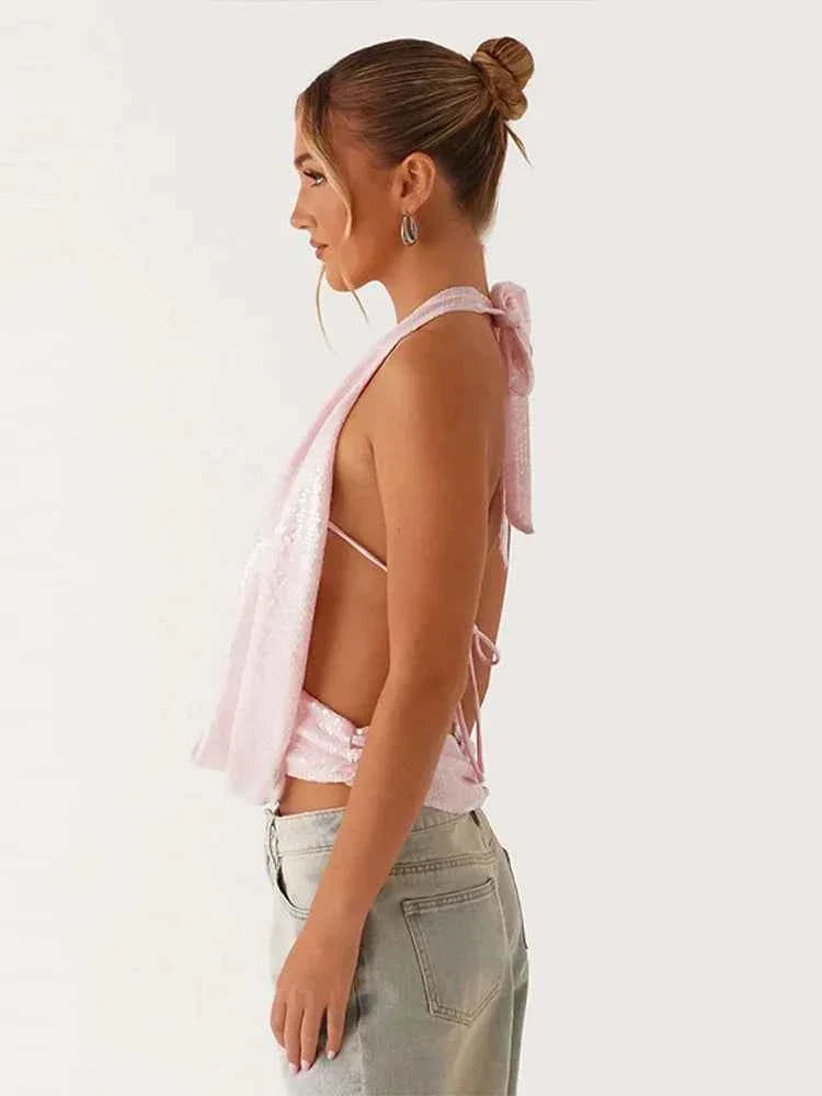 Elegant Sequined Halter Tops For Women