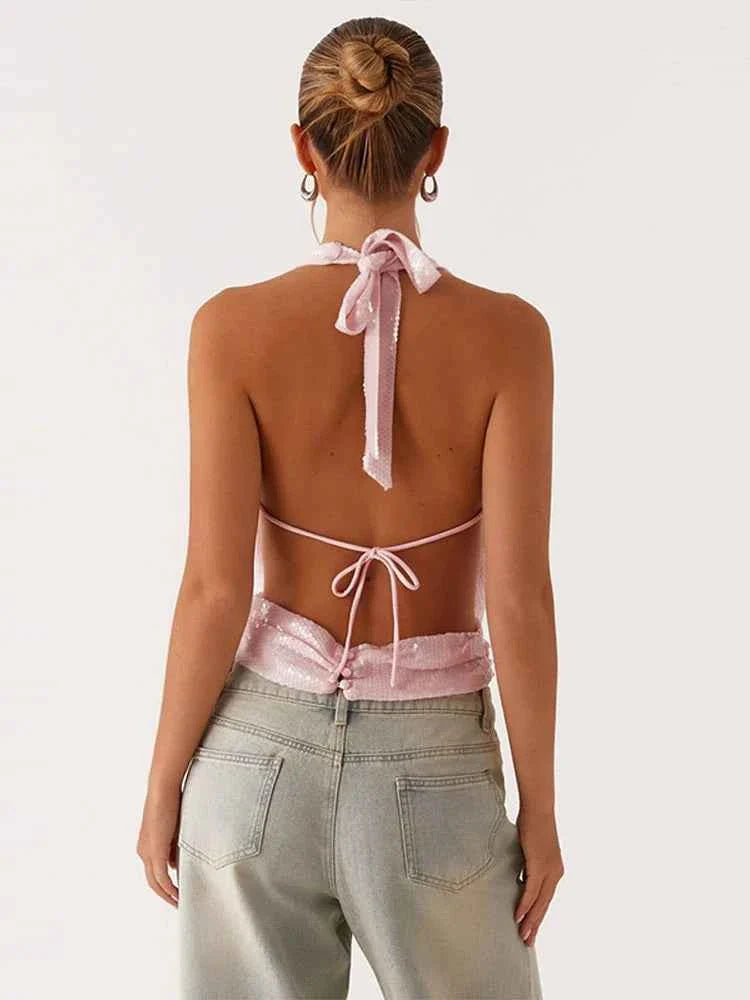 Elegant Sequined Halter Tops For Women
