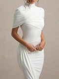 Elegant Shawl Elastic Tight Pleated Irregular Dress - White / L