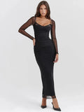 Elegant Sheer Long Sleeve Maxi Dress For Women - Black / L