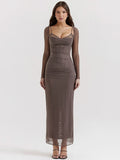Elegant Sheer Long Sleeve Maxi Dress For Women - Brown / L