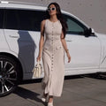 Elegant Sleeveless Single-Breasted Ribbed Knitwear Long Dress - L / Apricot - Other
