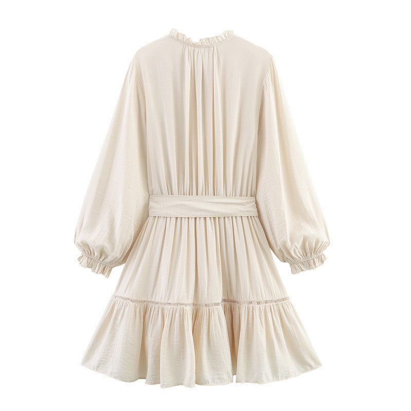 Elegant Slim-fit Wrinkle Effect Long Sleeve V-neck Dress - Other