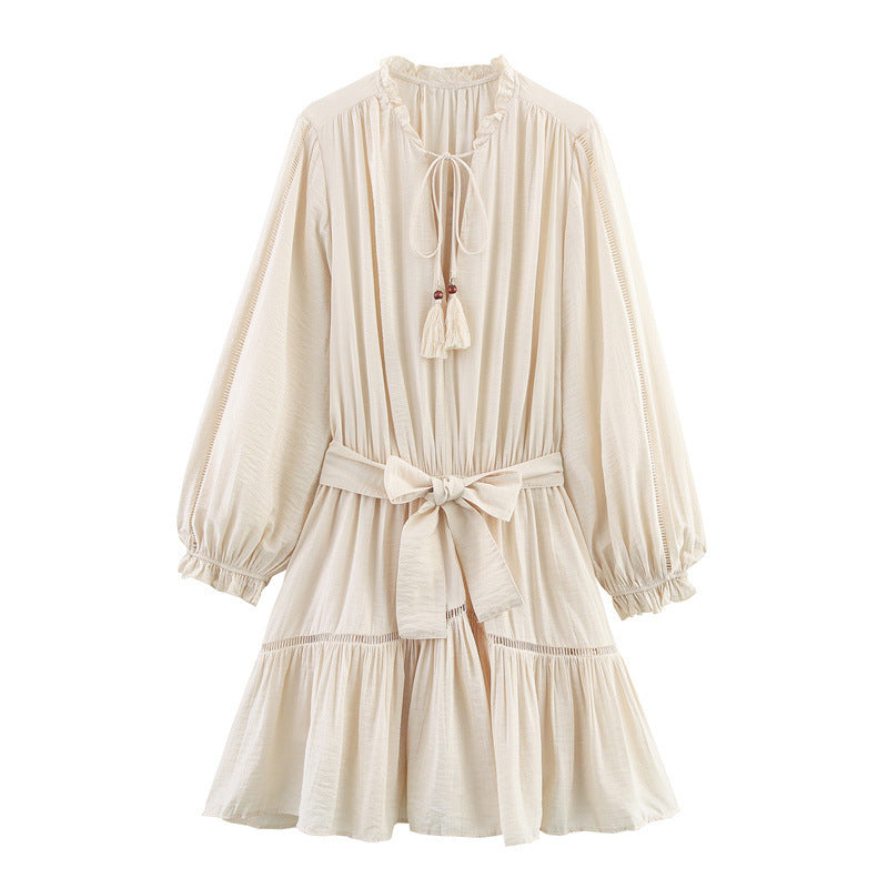 Elegant Slim-fit Wrinkle Effect Long Sleeve V-neck Dress - Other