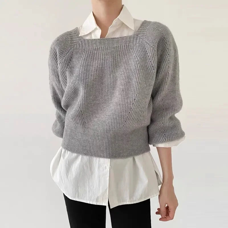 Elegant Square Neck Retro Casual Women Knitted Sweater