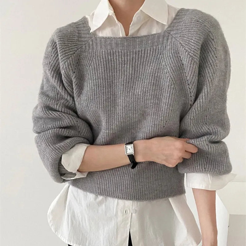 Elegant Square Neck Retro Casual Women Knitted Sweater - grey / One Size