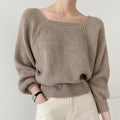 Elegant Square Neck Retro Casual Women Knitted Sweater - Khaki / One Size