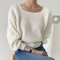 Elegant Square Neck Retro Casual Women Knitted Sweater - White / One Size
