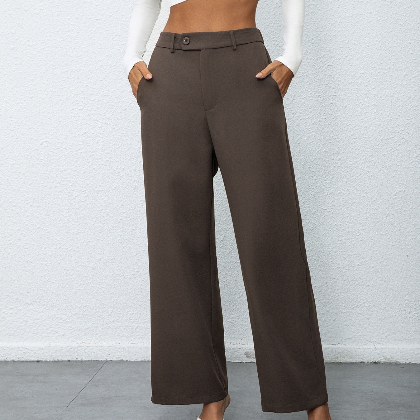 Elegant Temperament Casual Solid Color Button Wide Leg Suit Pants - Other