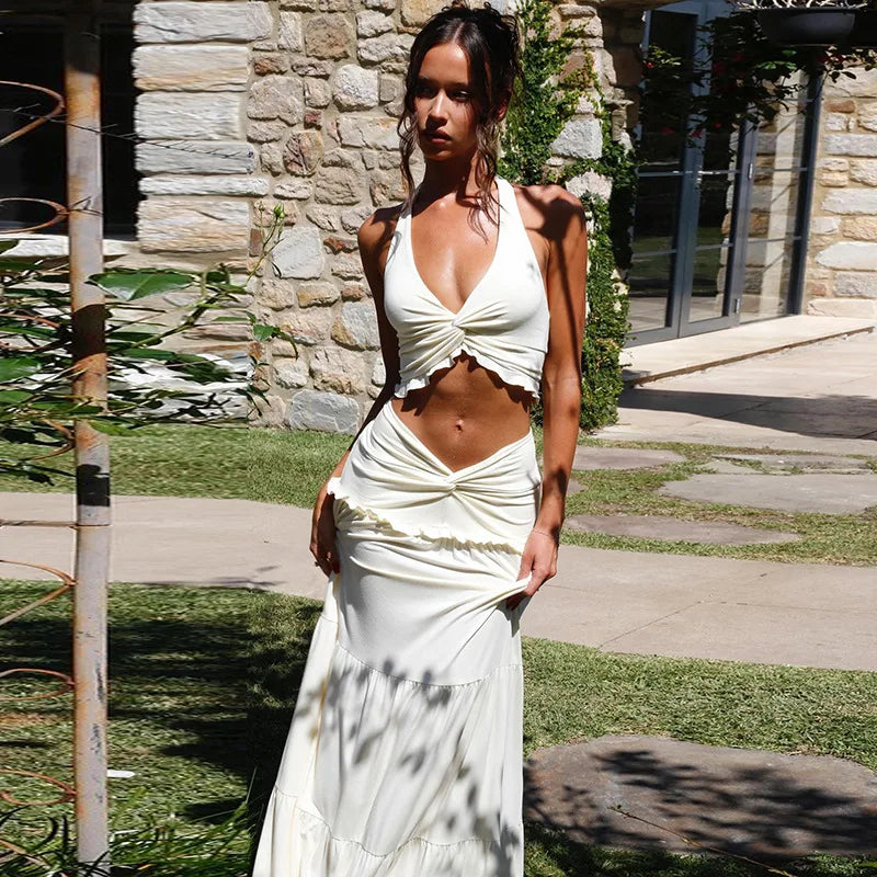 Elegant Two Piece Sets Sleeveless Frill Halter Twist Top Dress
