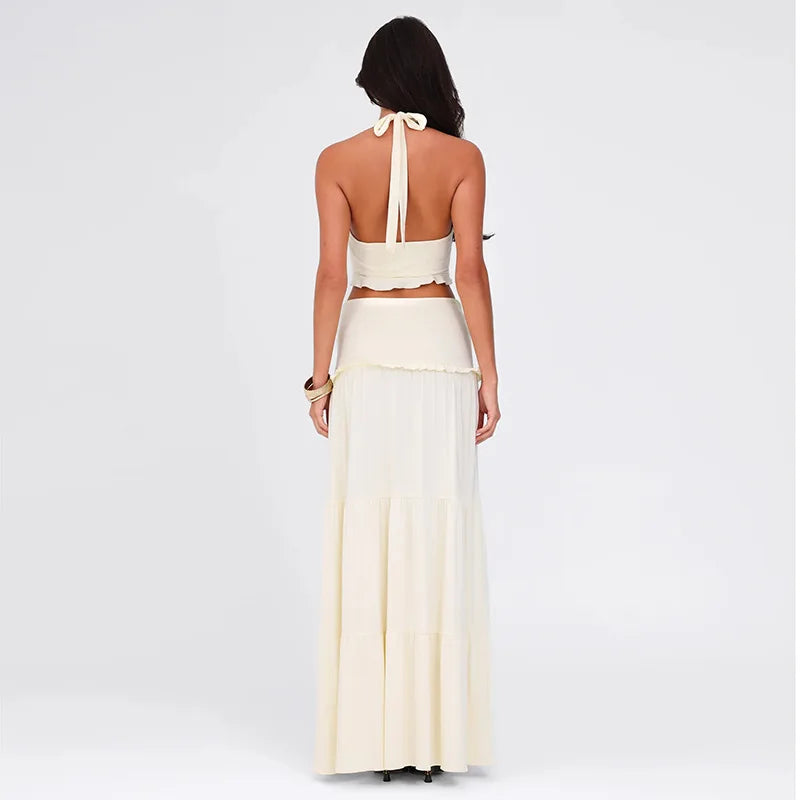 Elegant Two Piece Sets Sleeveless Frill Halter Twist Top Dress
