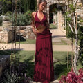 Elegant Two Piece Sets Sleeveless Frill Halter Twist Top Dress - burgundy / XS