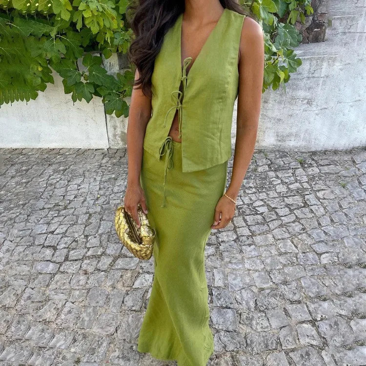 Elegant Vest Skirt Two Piece Set Women - green / XXL