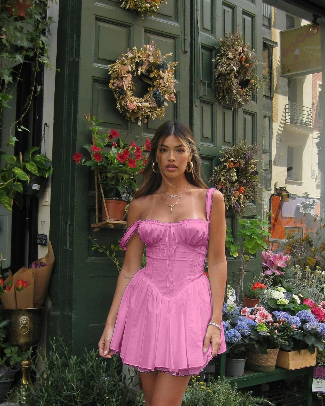 Elegant Women Summer Lace Floral Patchwork Corset Mini Dress - Pink / M