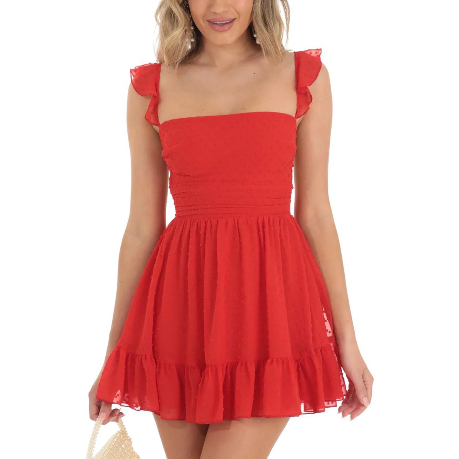 Elegant Women Summer Lace Floral Patchwork Corset Mini Dress - Red 2 / S