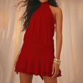 Elegant Women’s Halter Neck Short Dress - Red / XL