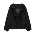 Elegant Women’s Tierred Ruffles Blouses V-Neck Long Sleeve Loose Shirt - black / S