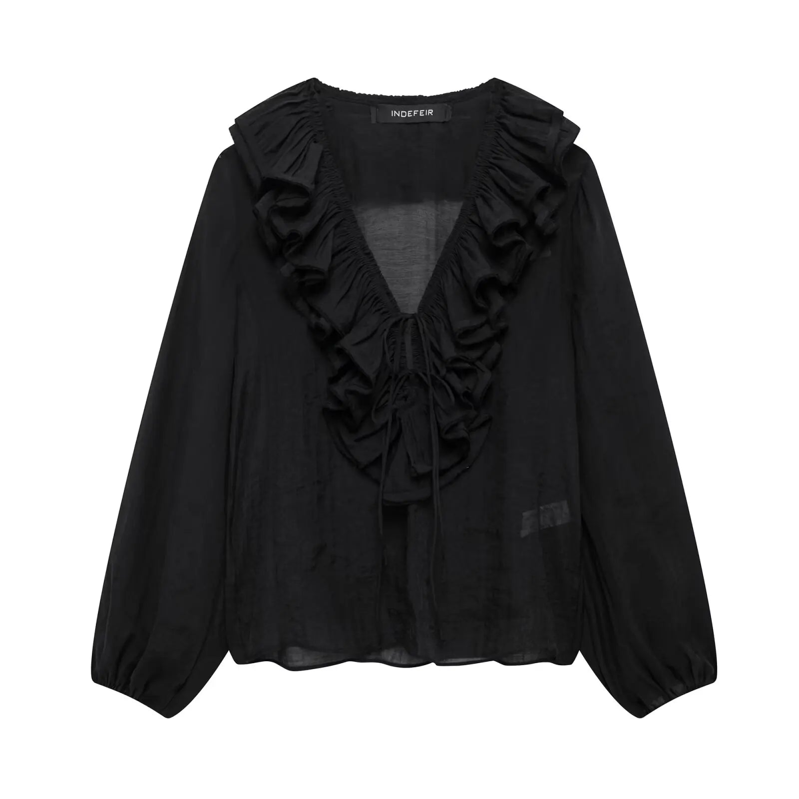 Elegant Women’s Tierred Ruffles Blouses V-Neck Long Sleeve Loose Shirt - black / S