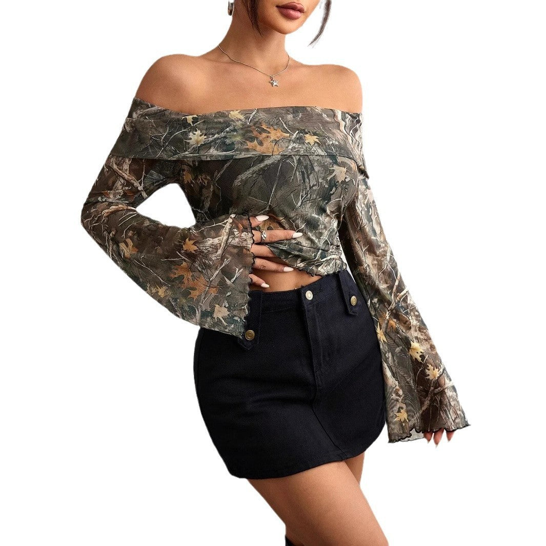 Mesh Printed Off-shoulder Long Sleeved Fitted T-shirt Top - Norellé