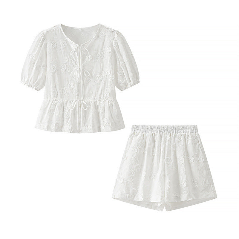 Flower Embroidered Cotton Short-sleeved Shorts Two-piece Suit - Norellé