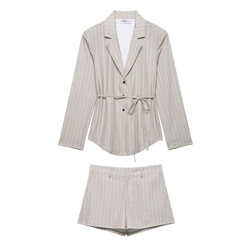 Thin Belt Striped Blazer Mini Shorts - Norellé
