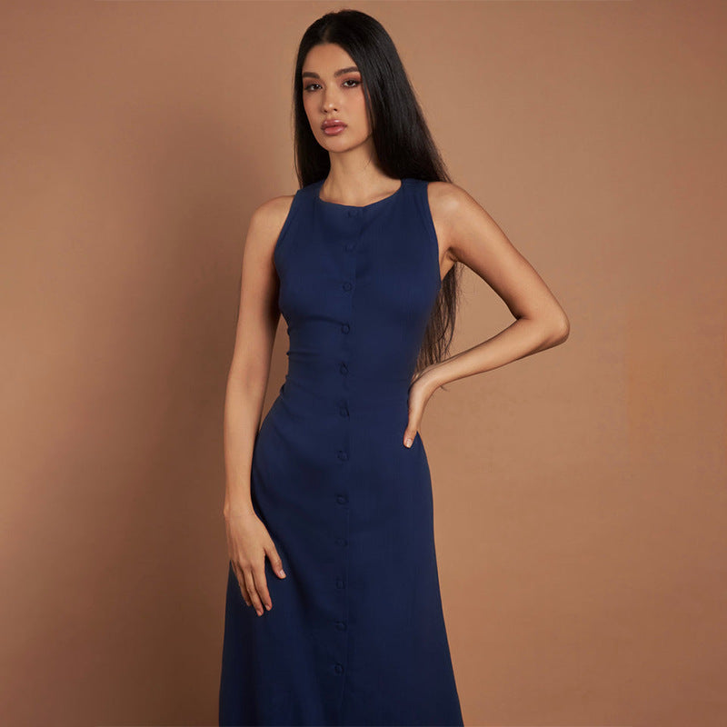 Sleeveless Round Neck Multi-button Strap Casual Dress - Norellé