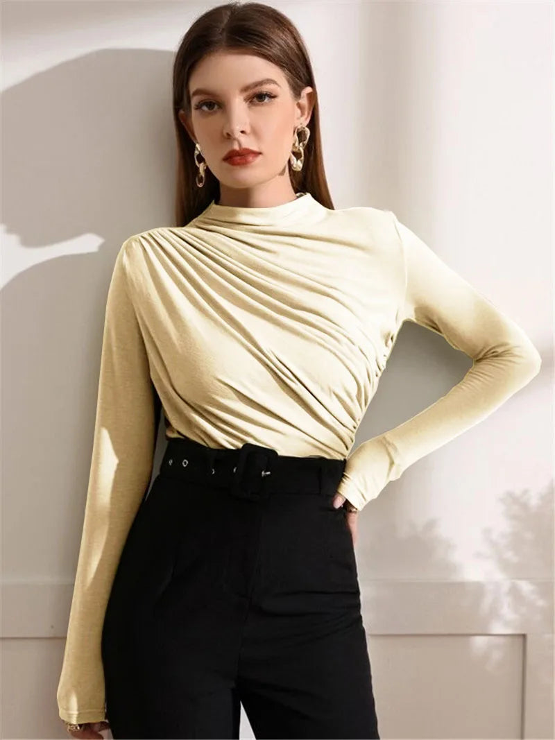 Fall Solid Long Sleeve Women T-shirt - Beige / S