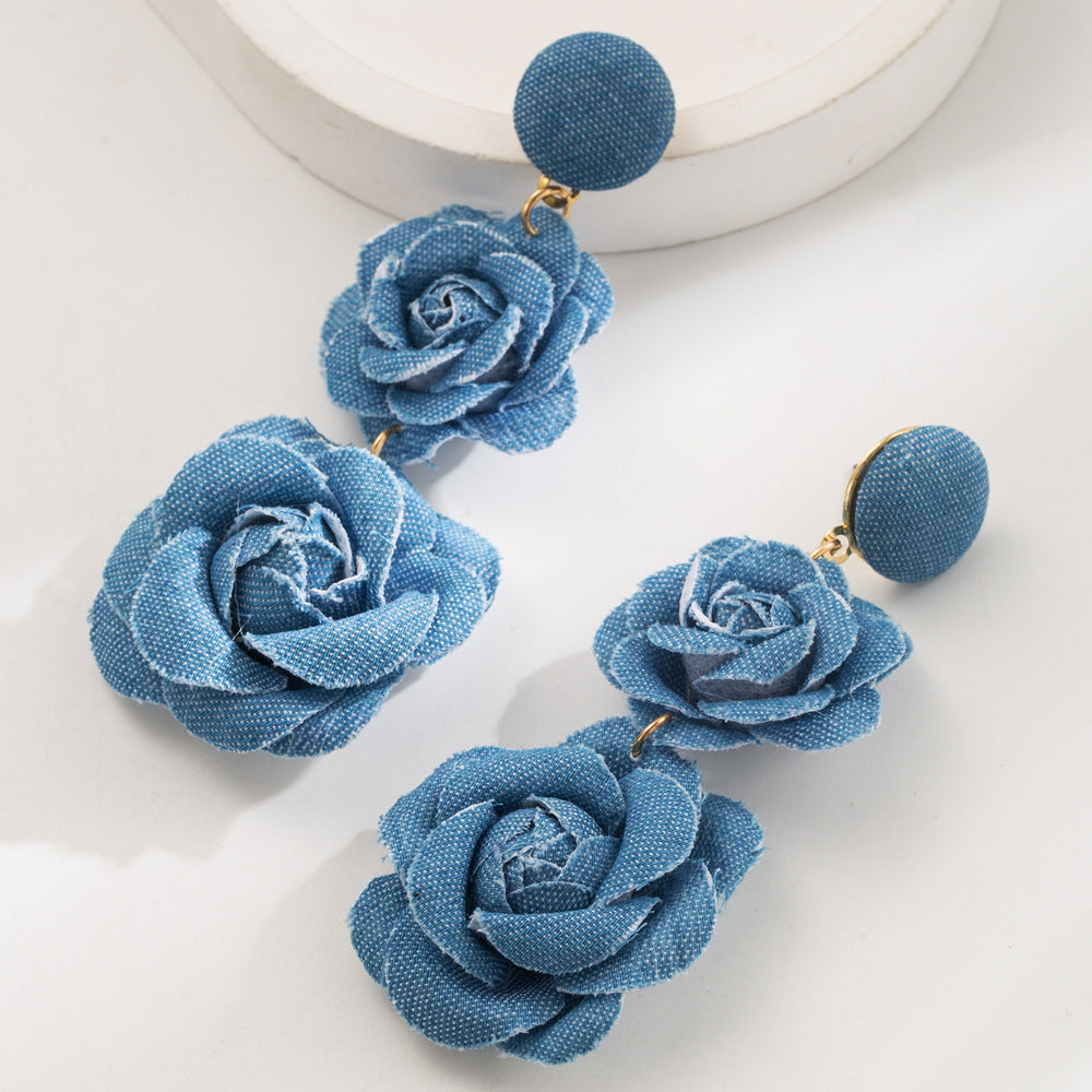 Fall Winter Cowboy Fabric Flower Earrings Multi-layer Long - electronic accessories