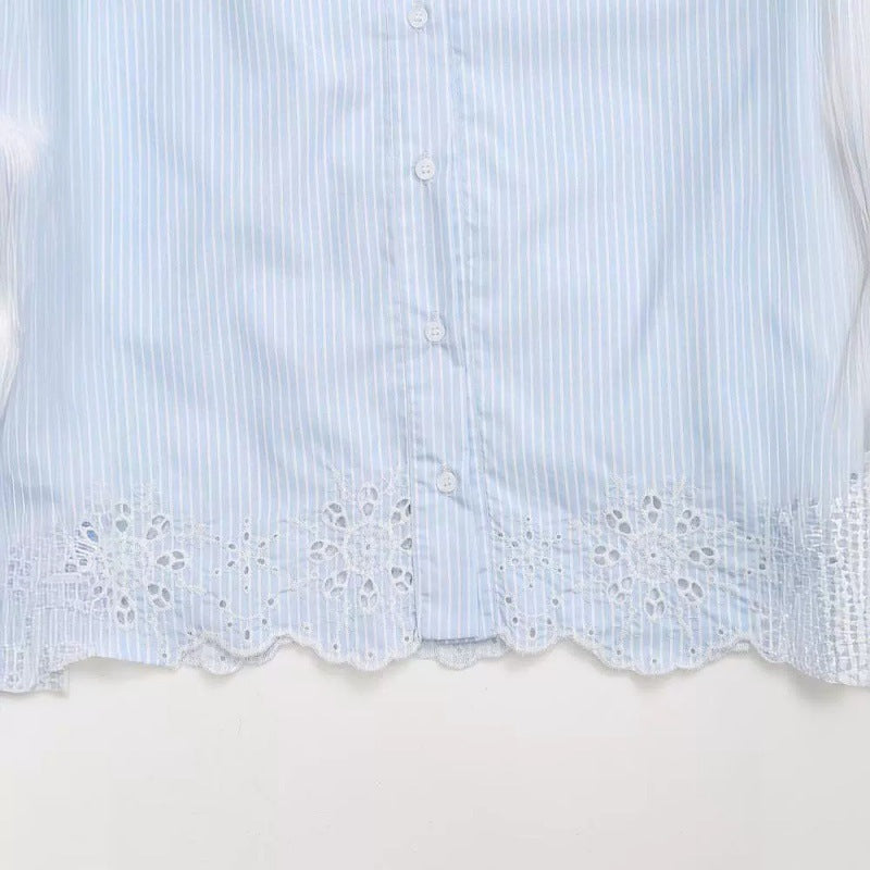 Fashion All-match Hollow Embroidered Stripes Short Shirt - Other