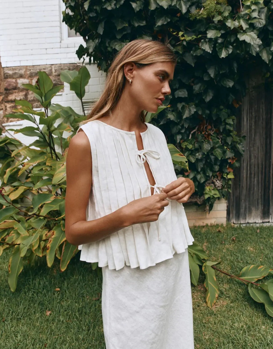 Fashion Bow Lace Up Shirts Women Cotton Linen Hollow Out Sleeveless - Other