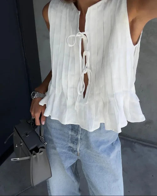 Fashion Bow Lace Up Shirts Women Cotton Linen Hollow Out Sleeveless - S / WHITE - Other