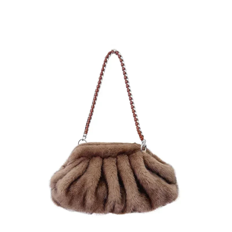 Fashion Faux Mink Fur Ruched Clutch Bag for Women