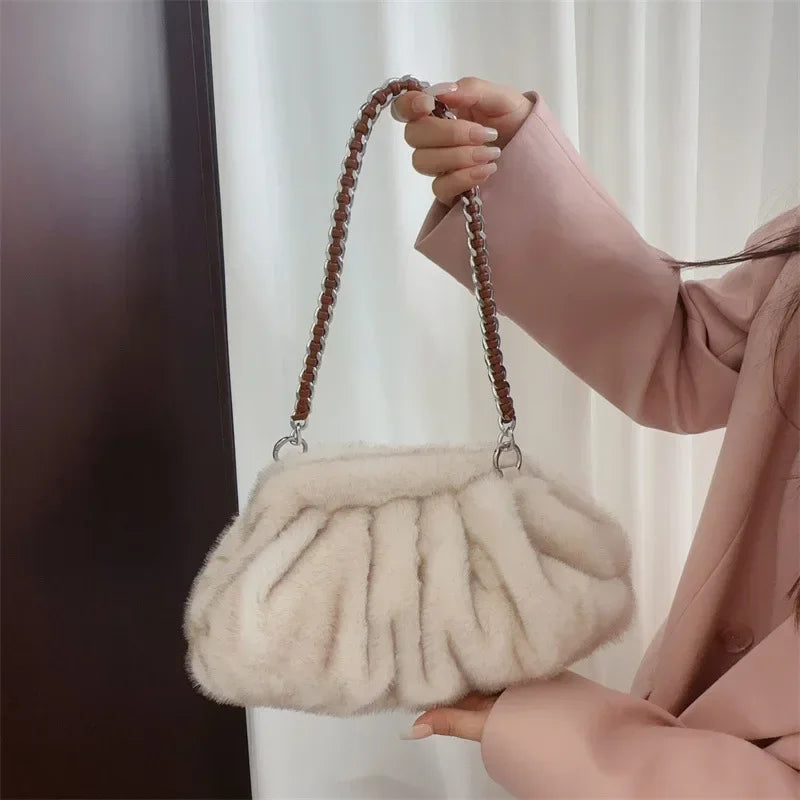Fashion Faux Mink Fur Ruched Clutch Bag for Women