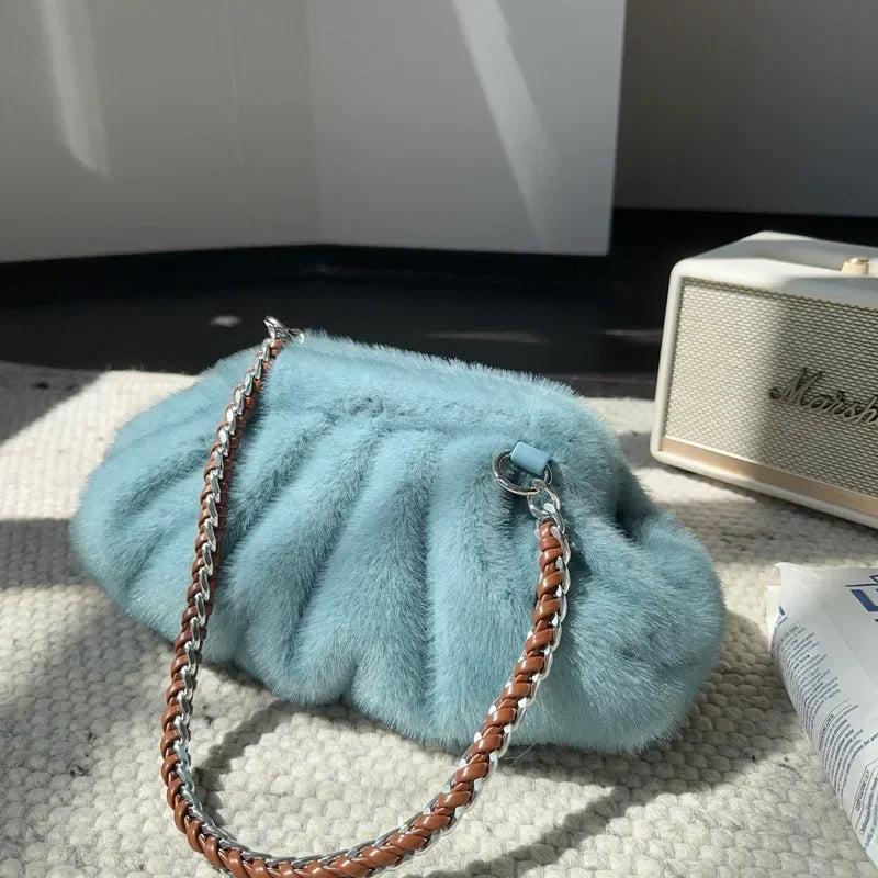Fashion Faux Mink Fur Ruched Clutch Bag for Women - Blue